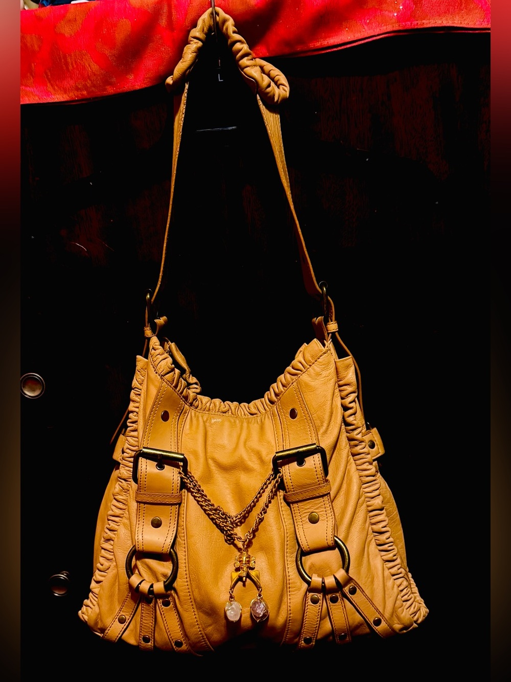 Betsey Johnson Tan Studded Ruffle Shoulder Bag Buckle Accents With Chain Charm